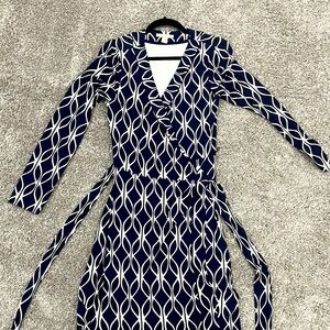 Navy blue and white wrap dress